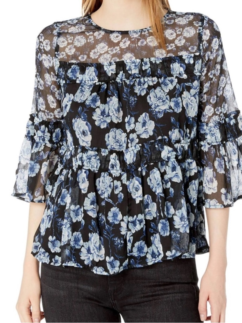 NWT Lucky Brand Blue Floral Boho Pullover Blouse Lined Keyhole Back size Large